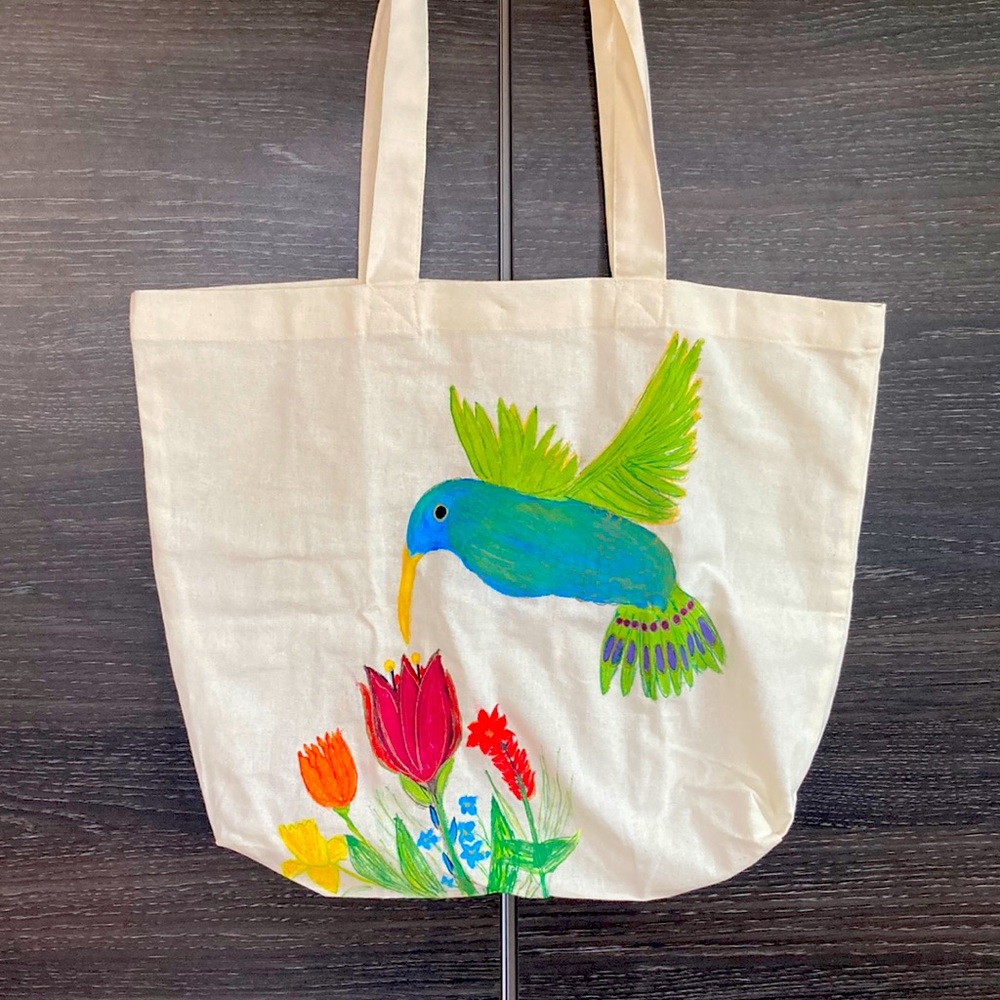 Cotton Shopping Tote w Hand Painted Humming Bird Floral Design